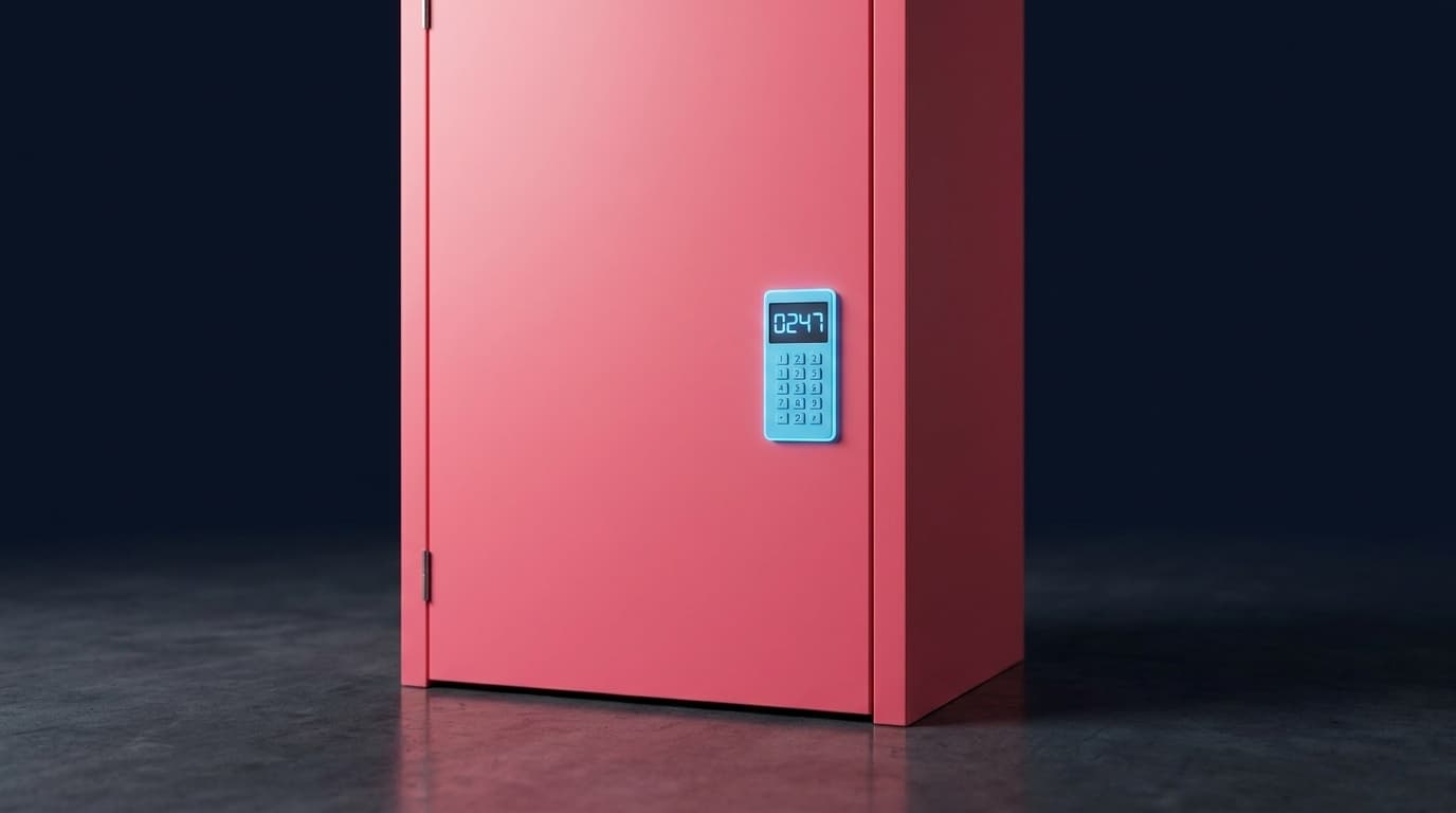 A pink Boxroom unit door with its blue PIN keypad
